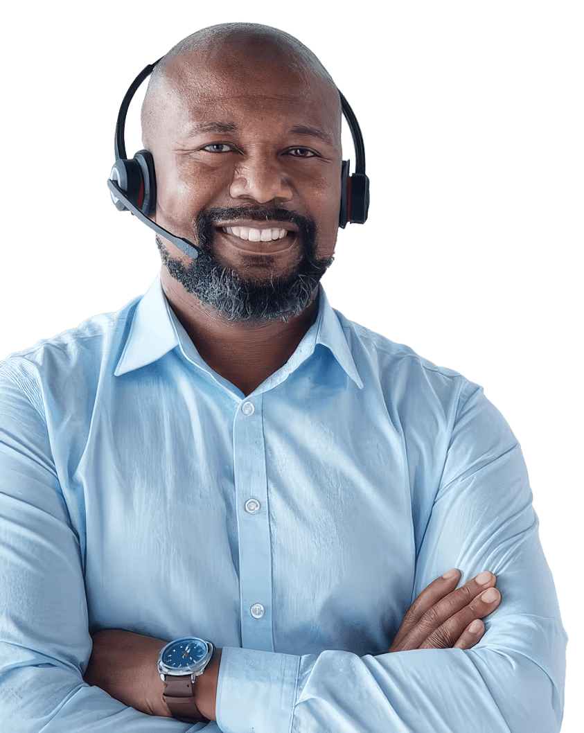 Smiling customer support agent wearing a headset, arms crossed